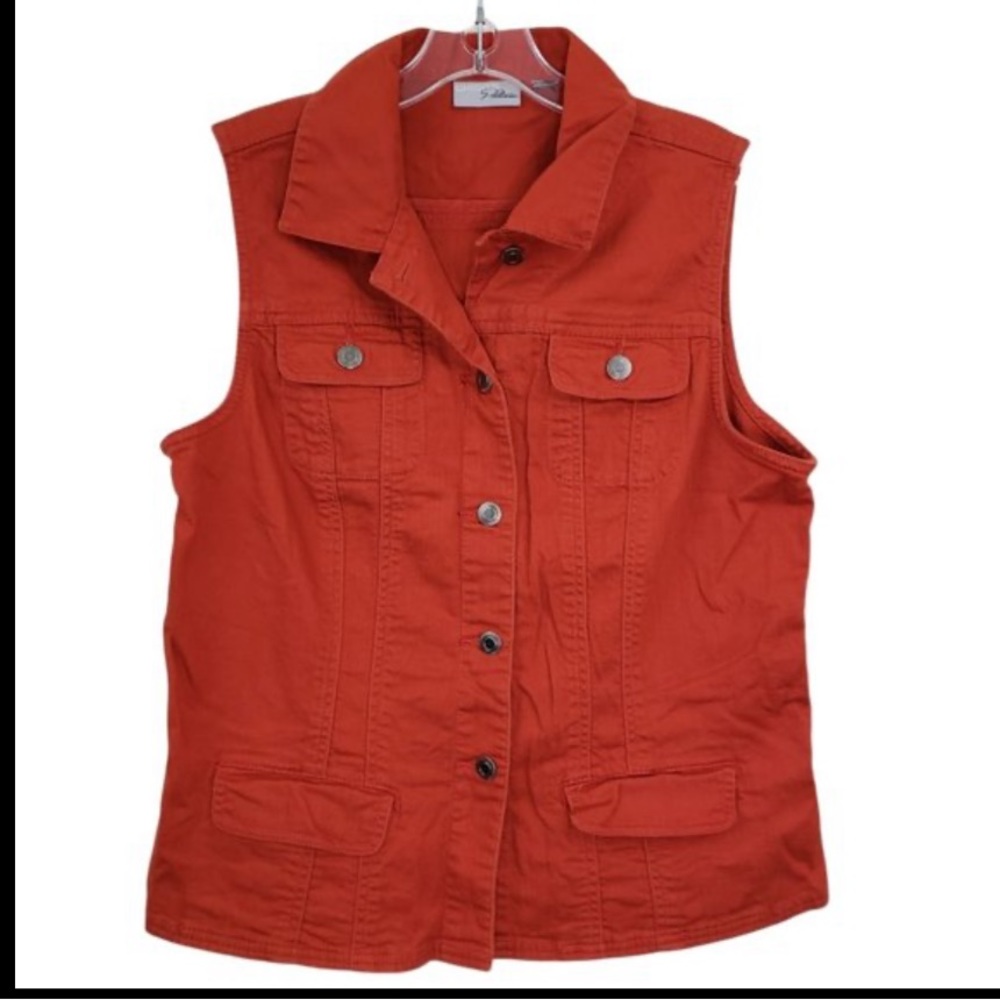 Chico’s Orange Four Pocket Denim Vest.